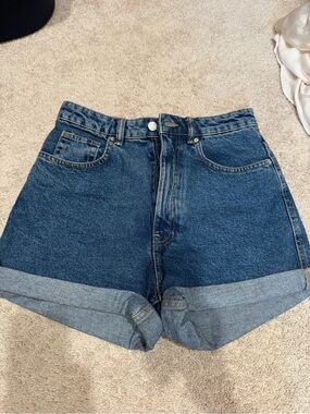 Zara Dark Blue High-Rise Rolled Hem Denim Shorts